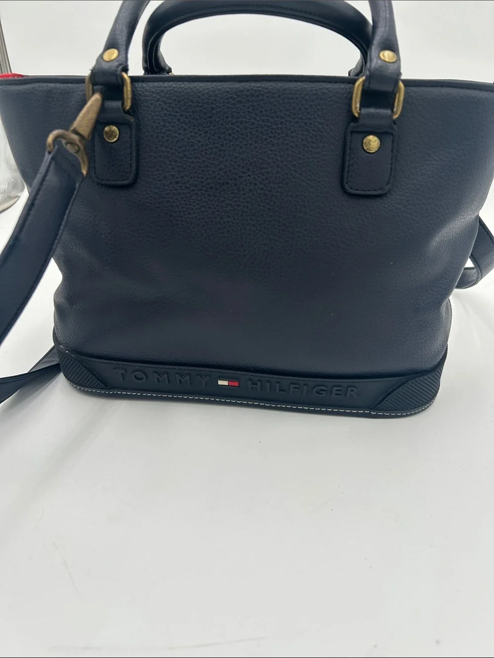 Y2K Tommy Hilfiger Navy Pebbled Leather Tote Bag  Detachable Crossbody Strap